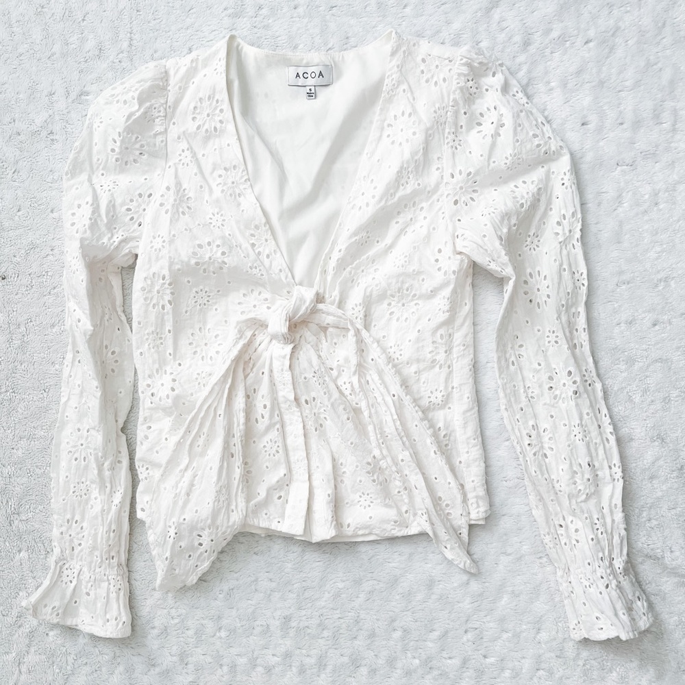 ACOA Eyelet Split Tie Front White Eyelet Long Sleeve Top